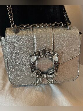 Aldo Silver Glitter Crossbody Coquette Bag Rhinestone Bow Chain Strap Evening